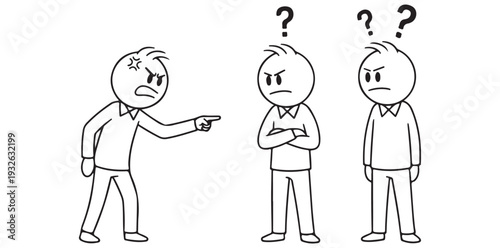 A cartoon illustration of three men with confused expressions and question marks above their heads