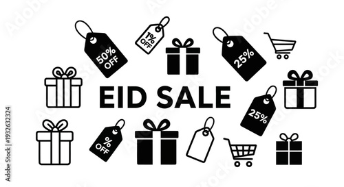 Eid Sale Icon Set Collection Featuring Discount Tags, Gift Boxes, Shopping Symbols and Islamic Promotional Badges for Ramadan Retail Marketing and Festive Branding