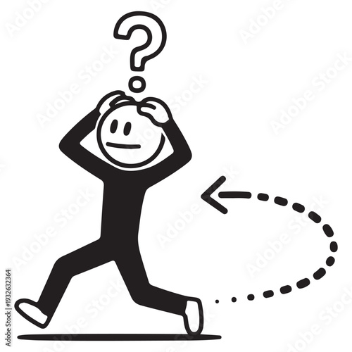 A cartoon character with a question mark above its head is running away in confusion