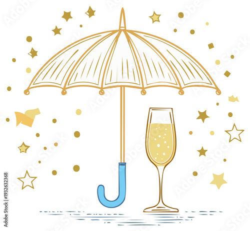Champagne celebration under a stylized golden umbrella with falling confetti and stars