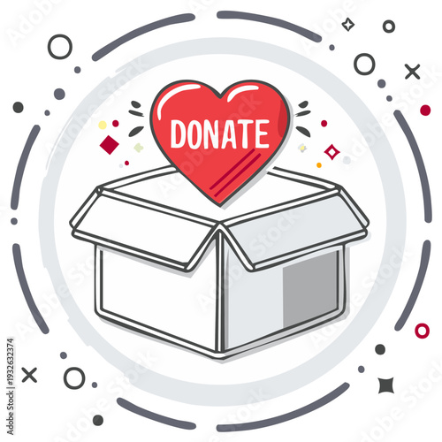 Heart shaped donate button over open cardboard box, charity and kindness concept