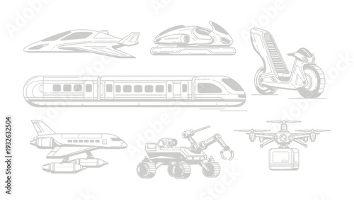 Future transport concepts sketch: A visionary sketch showcasing innovative modes of transport, including futuristic aircraft, electric scooter, high-speed train, unmanned aerial vehicle and rover.