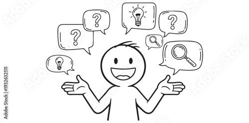A cartoon character with a happy face surrounded by thought bubbles with question marks and light bulbs.