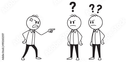 A cartoon illustration of a man pointing at two other men with question marks above their heads
