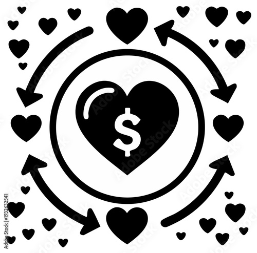 Donation and fundraising cycle vector icon with a heart and dollar symbol representing charity and financial support