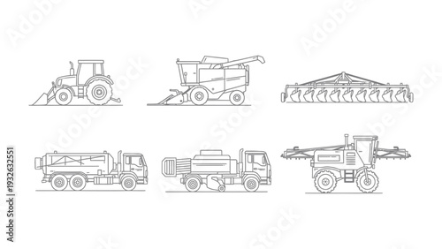 Agricultural Machinery Outlines: Detailed line drawings of agricultural machinery, meticulously rendered with precision and clarity.
