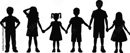 Silhouette of children holding hands together isolated on white background black and white kids unity friendship support concept illustration