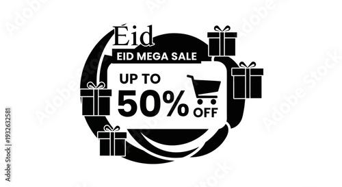 Eid Mega Sale Up To 50 Percent Off Promotional Badge with Crescent and Gift Elements for Ramadan Retail Campaign, Ecommerce Discount and Festive Marketing Design