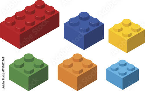 Set of Colorful Plastic Construction Toy Bricks Displayed in Isometric View for Building and Play Design
