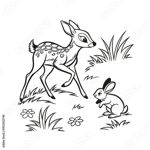 Vector illustration of a fawn and a rabbit in a meadow