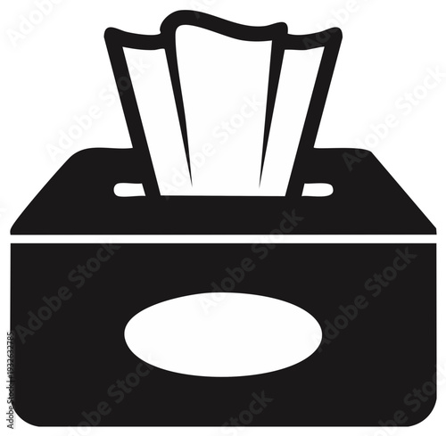 Simple black outline icon of a tissue box with open flap and sheets of paper peeking out