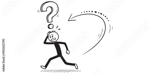 A confused cartoon character running with a question mark above his head