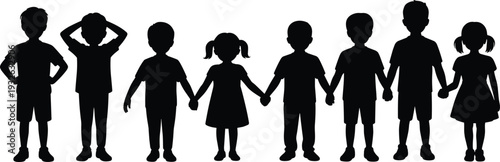 Silhouette of diverse children holding hands together isolated on white background black and white kids unity friendship teamwork concept illustration