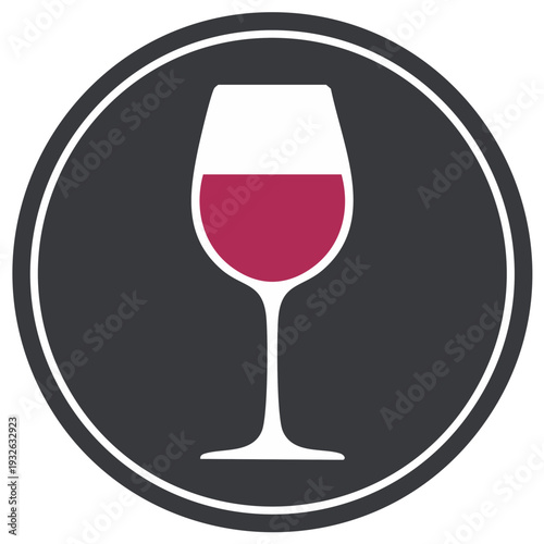 Elegant wine glass icon featuring red wine inside a round frame for winery related designs