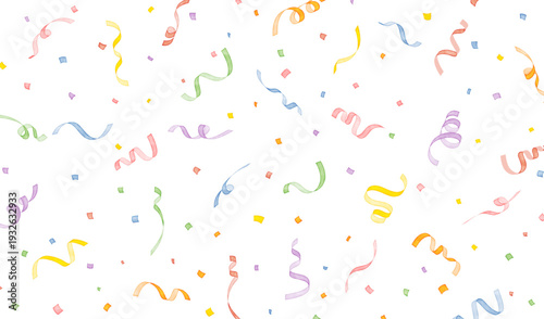 Flat horizontal composition of colorful confetti and spiral streamers