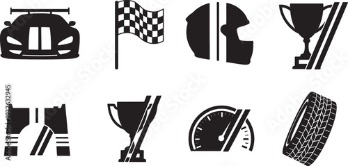 Racing Motorsport Icons Set with Race Car Checkered Flag Helmet Trophy Speedometer Tire Isolated on White Vector
