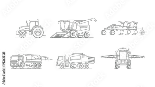 Agricultural Machinery Set: This graphic features a variety of agricultural vehicles and tools, providing a comprehensive view of modern farming equipment and its functions. 