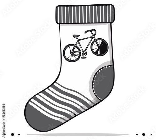 Whimsical Sock Featuring a Bicycle Graphic and Striped Accents