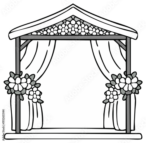 Elegant Outdoor Wedding Arch with Floral Decorations and Draping Fabric
