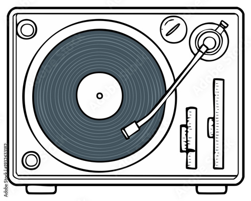 Retro turntable illustration. Vinyl record player, musical instrument, audio equipment and analog technology.
