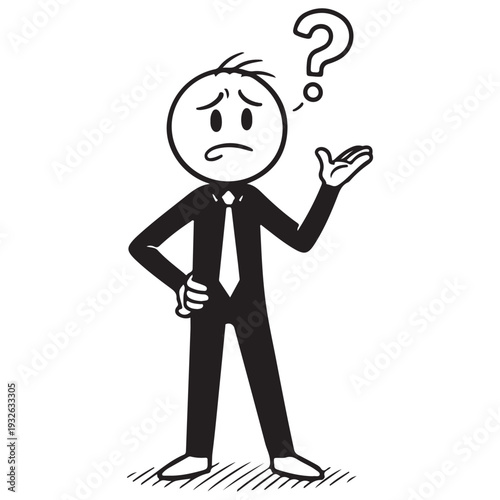A cartoon man in a suit looks confused and puzzled with a question mark above his head