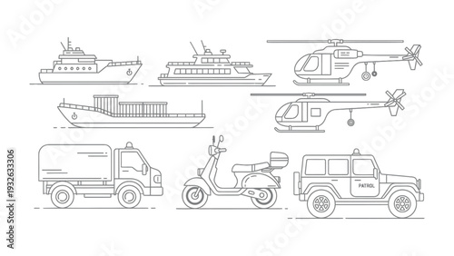 Transport Vehicles: A detailed illustration showcases an array of vehicles, each meticulously drawn, representing various modes of transport. 