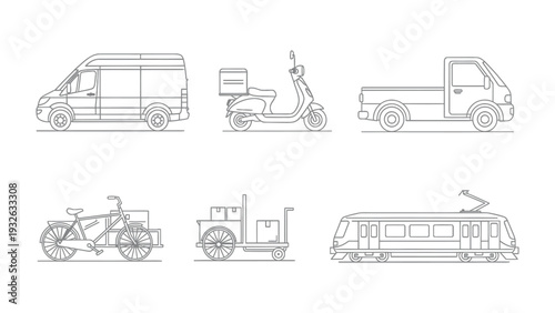 Vehicular Diversity: An artistic composition of varied transportation modes, meticulously outlined, showcases the spectrum of modern mobility options.