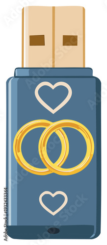Wedding Themed USB Flash Drive With Hearts and Interlocking Rings
