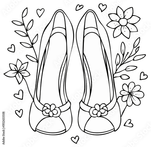 Elegant high heels outline illustration with floral and heart embellishments