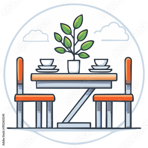 Simple outdoor dining table chairs potted plant place settings vector illustration