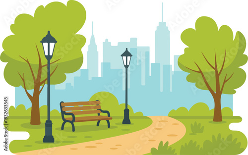 Public Park Scene with Lush Greenery, Walking Path, Bench, and Modern City Skyscrapers Vector Illustration