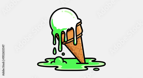 Vector illustration of melting ice cream cone with green drips
