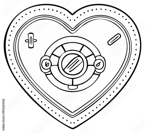 Heart Shaped Locket with Ornate Decorative Design, Line Art Illustration