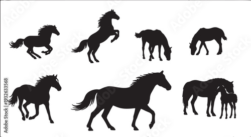 Black Horse Silhouettes Collection in Various Poses Isolated on White Background