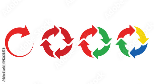Collection of four distinct cycle arrow vector graphics illustrating process progression and recycling concepts