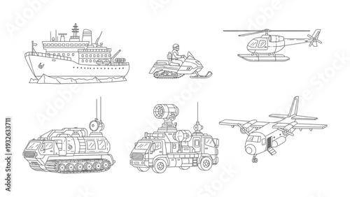 Diverse Transportation: A collection of various modes of transportation, each representing a unique aspect of mobility, from sea to air to land, captured in monochrome outline.