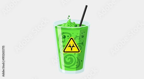 Toxic green drink, hazardous liquid, warning sign, radioactive symbol, cautionary beverage, eps vector