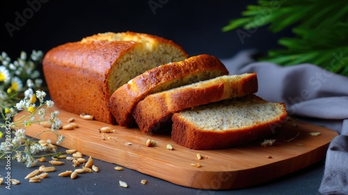 Freshly Baked Banana Bread Slices on Wooden Board Surrounded by Greenery and Flowers for Cozy Kitchen Vibes