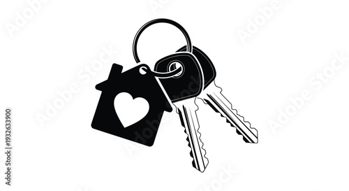 Simple black and white vector graphic illustration of house keys with a heart-shaped charm