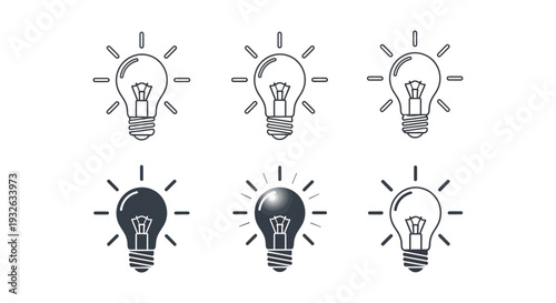 Modern vector graphic illustration set of lightbulb icons symbolizing creative ideas, innovation, brilliant solutions, and conceptual thinking.