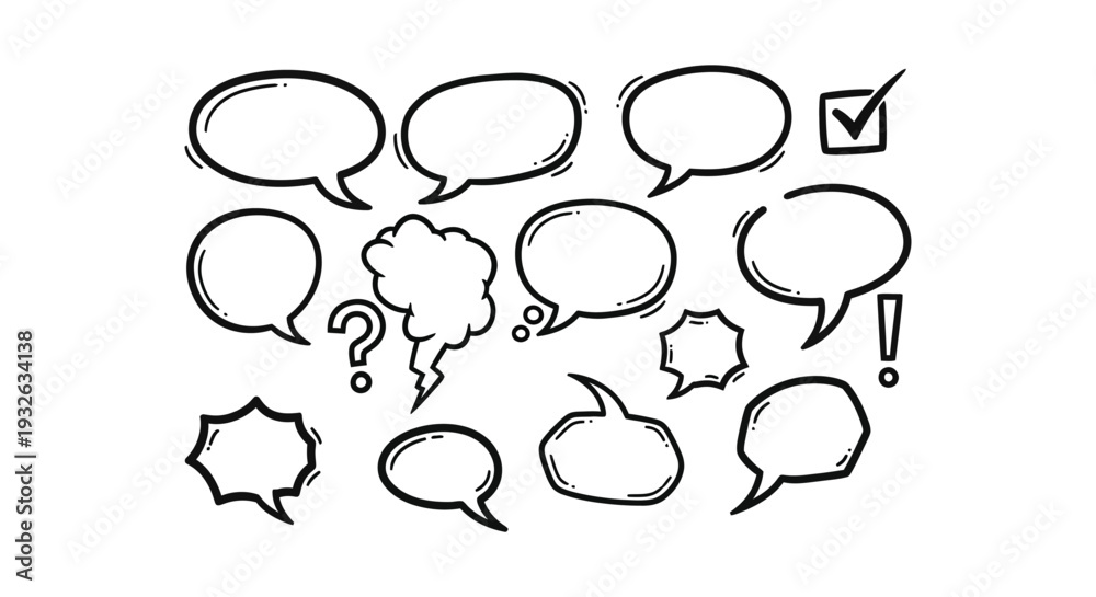 Fototapeta premium Expressive doodle vector illustration showing various cartoon speech bubbles, thought clouds, and essential communication symbols.