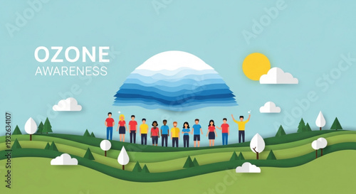 Group of diverse people standing together on green hills promoting ozone awareness with a large blue and white ozone layer illustration above them