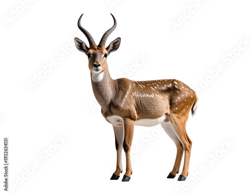 Antelope standing on plain white background with alert posture