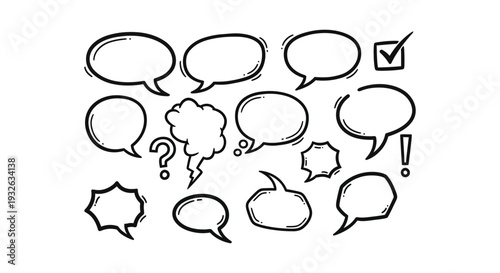 Expressive doodle vector illustration showing various cartoon speech bubbles, thought clouds, and essential communication symbols.