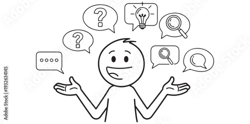 A cartoon character with a thoughtful expression surrounded by speech bubbles and question marks