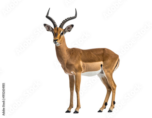 Male antelope standing in full profile with curved horns and tan coat