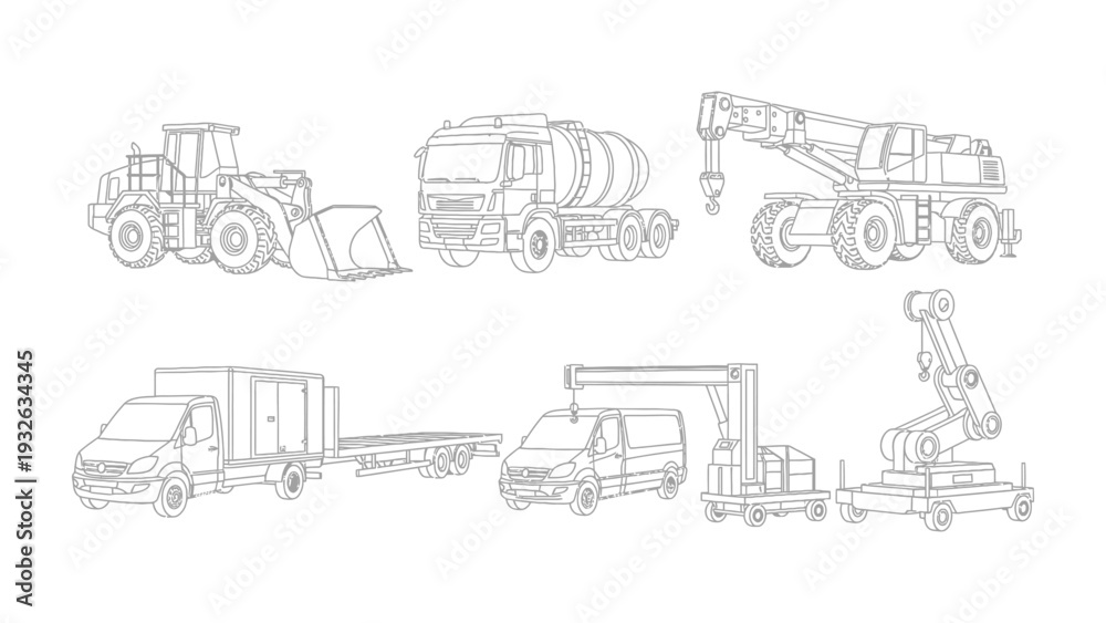 Fototapeta premium Construction Vehicles Schematic: Detailed schematic of various heavy construction machinery, perfect for illustrating construction processes and engineering projects. 
