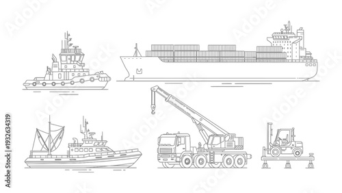 Maritime Machinery at Sea: A stylized monochrome illustration captures a fleet of ships and machinery integral to maritime trade and transport.