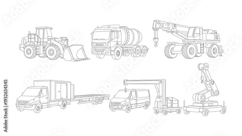 Construction Vehicles Schematic: Detailed schematic of various heavy construction machinery, perfect for illustrating construction processes and engineering projects. 