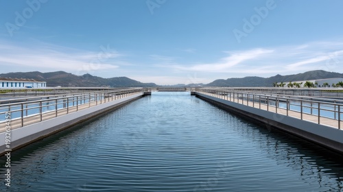 Wallpaper Mural Serene Water Reservoir with Modern Infrastructure Surrounded by Scenic Mountains and Clear Blue Sky Torontodigital.ca